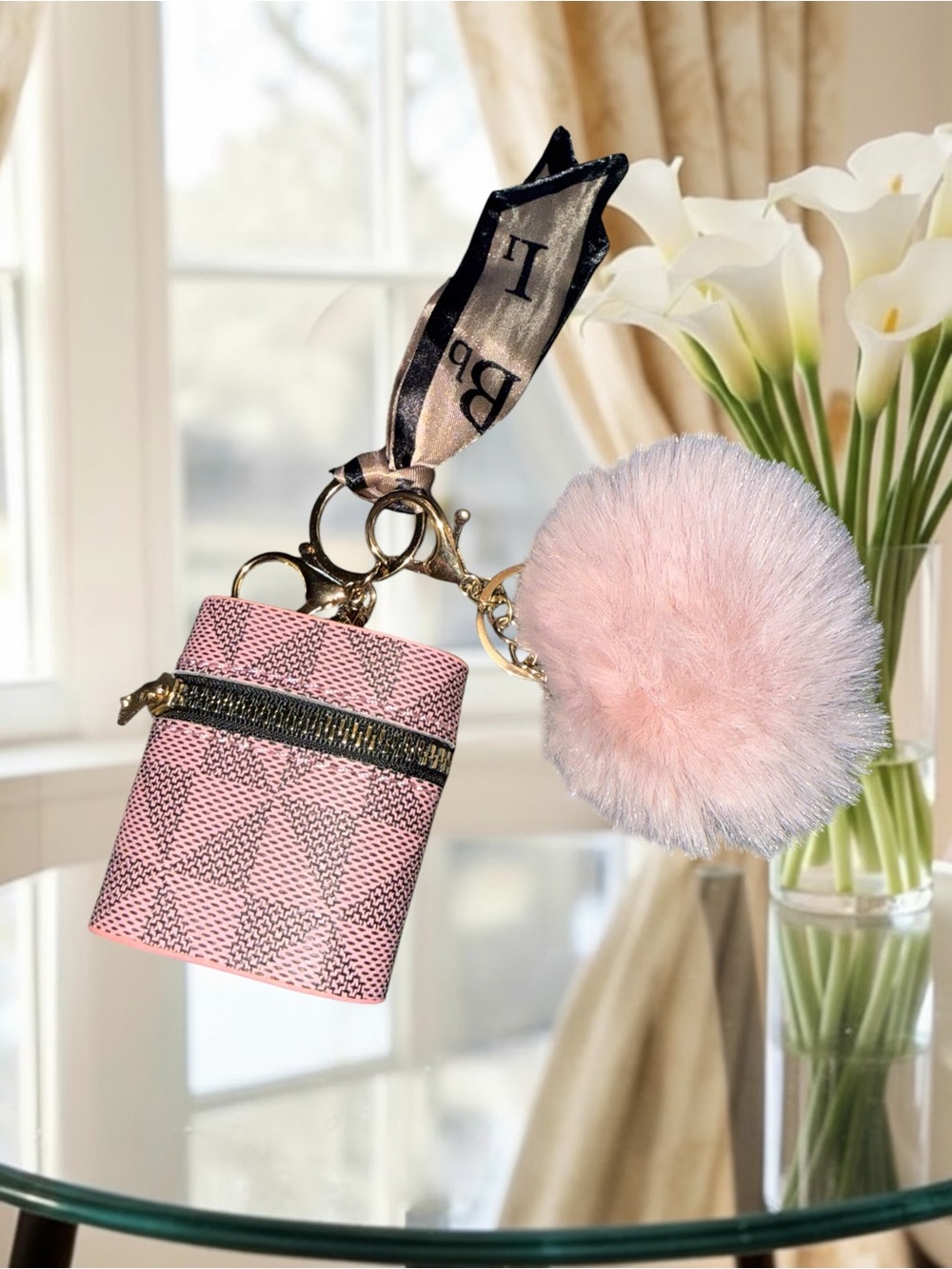 Pink Patterned Mini AirPod Key Pouch with Pink Fur Pom